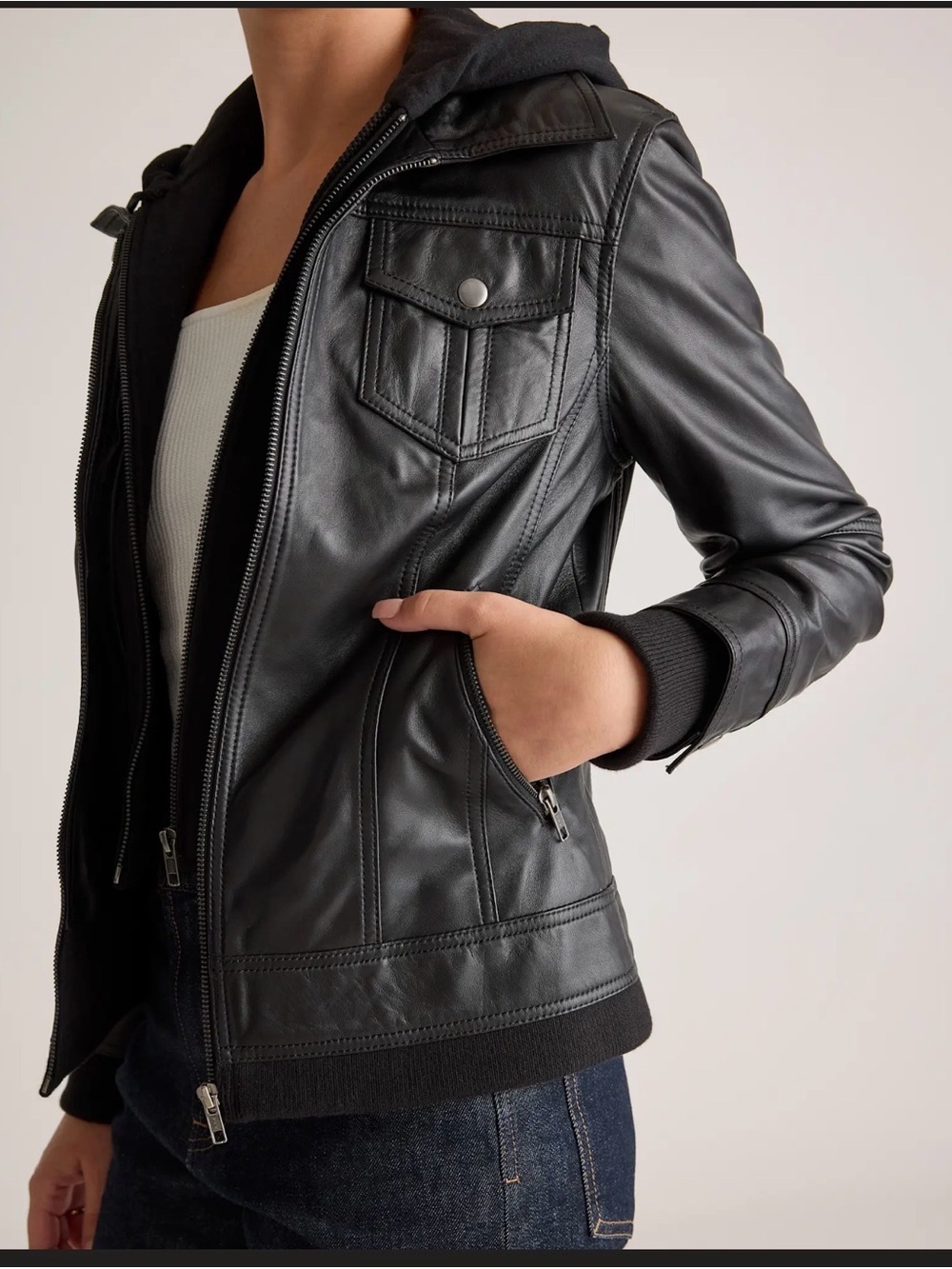 Quince Black Leather Hooded Jacket - Picture 4 of 17